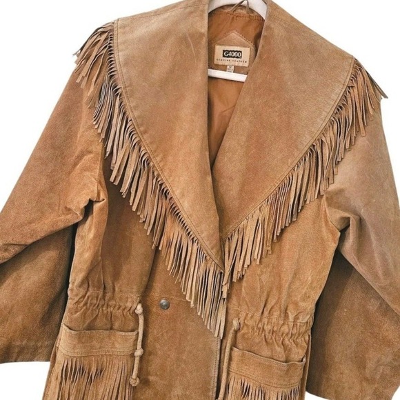 Vtg g4000 Womens Size M Brown Suede Shawl Collar Western Fringe Jacket Beads - Picture 1 of 8